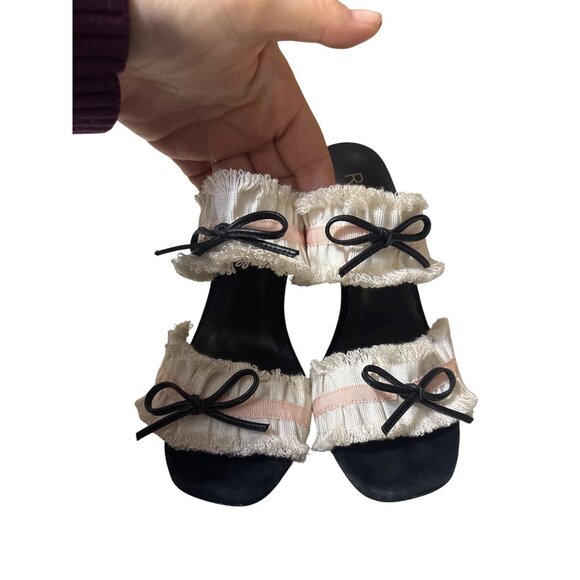 Raye 6.5 Black Heels W/ Ivory & Pink Ruffle Straps And Bow Accents - Picture 2 of 6